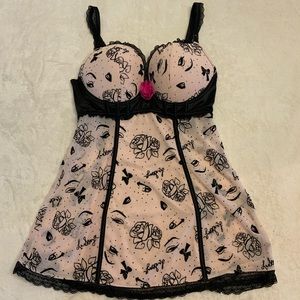 La Senza Vintage style pink print babydoll teddy lingerie Size M